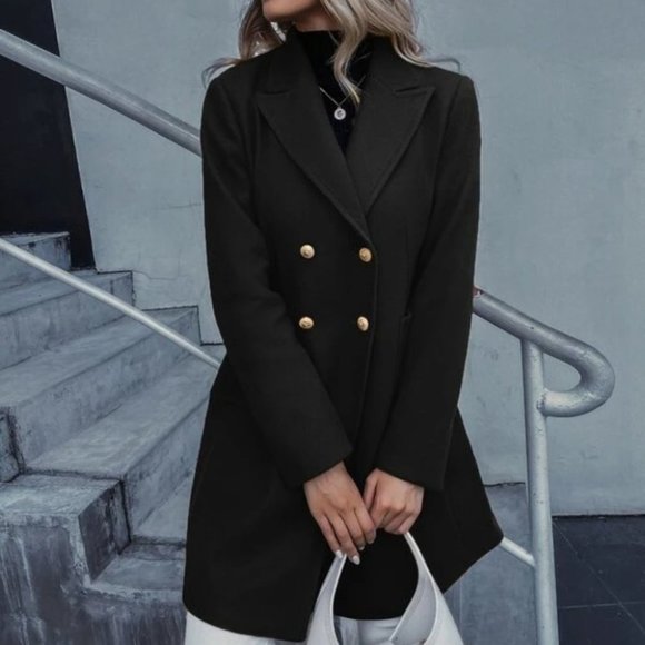 Double Breasted Lapel Collar Button Up pocketed Overcoat Black - Picture 3 of 9